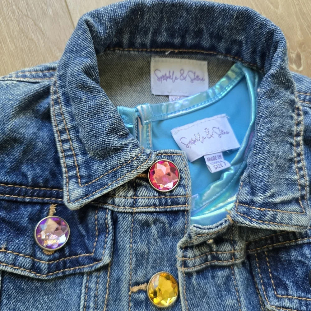 $94 Sparkle & Shine Girls Liquid Metallic Dress with Denim Jacket 2  Piece Set